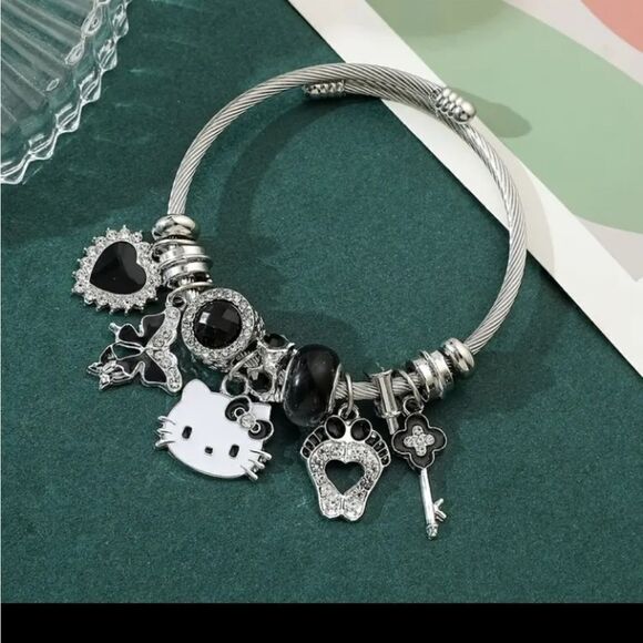 Hello Kitty Charm Pendant Silver & Black Tone Bangle Bracelet - Picture 4 of 6